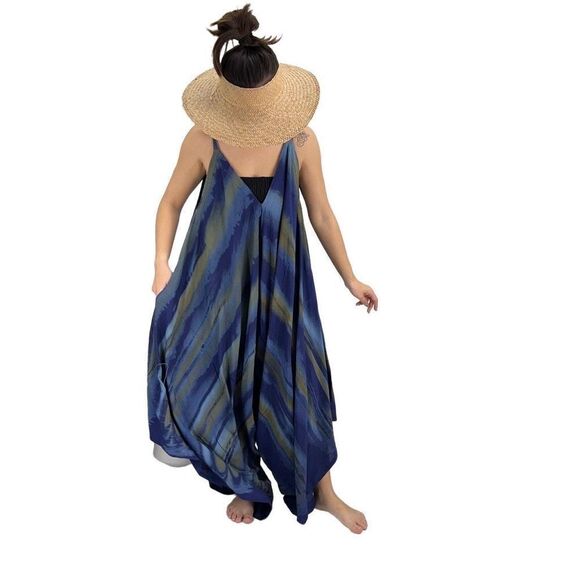 Pōʻalima Blue Tan Tropical Boho Wide Leg Beach Romper - Picture 12 of 14